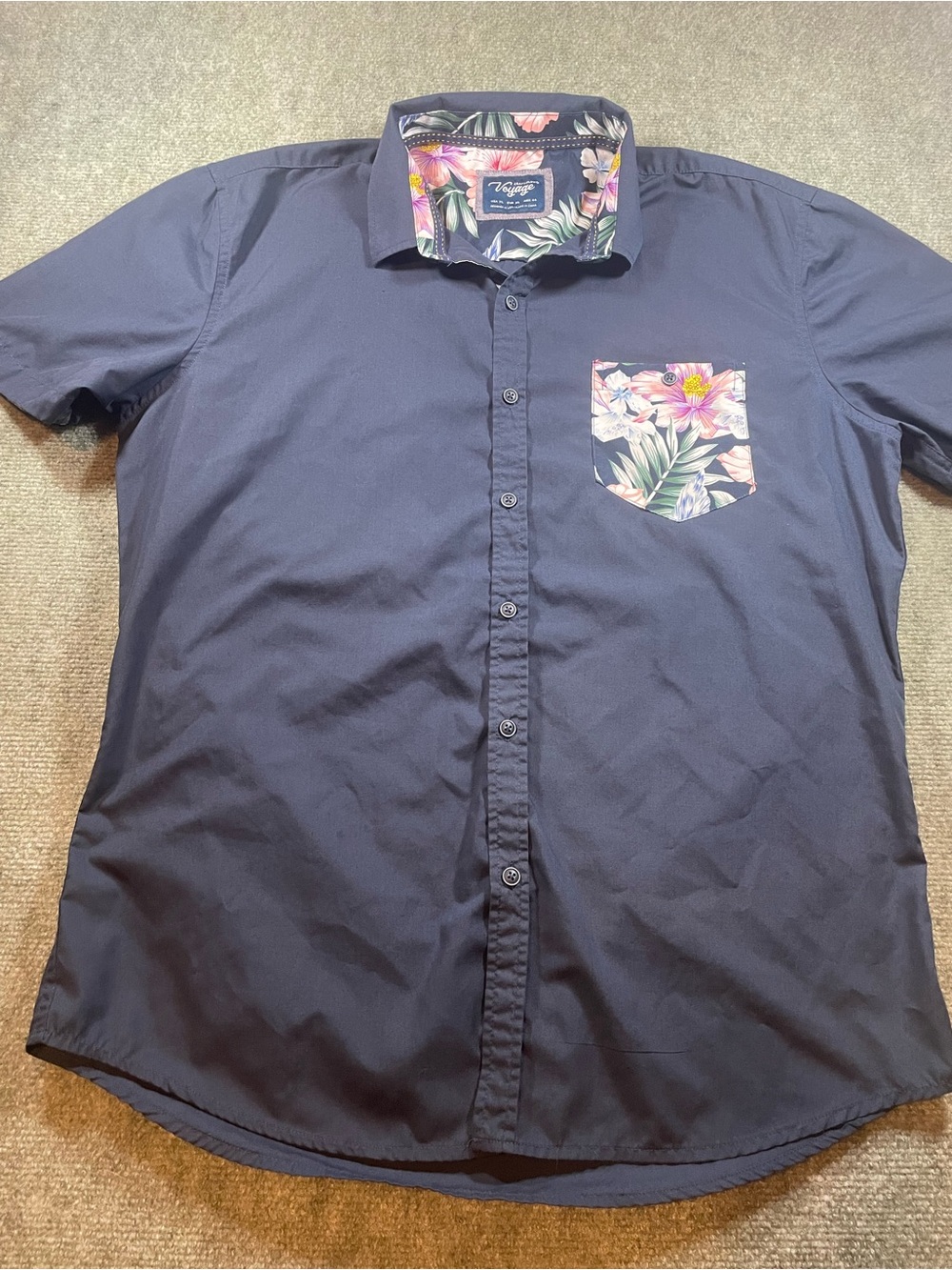 Men's Navy Short-Sleeve Button-Down Shirt with Floral Pocket